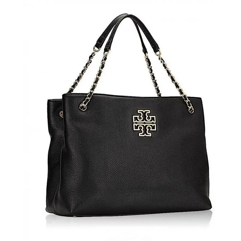Tory Burch Black Leather Tote with Gold Accents